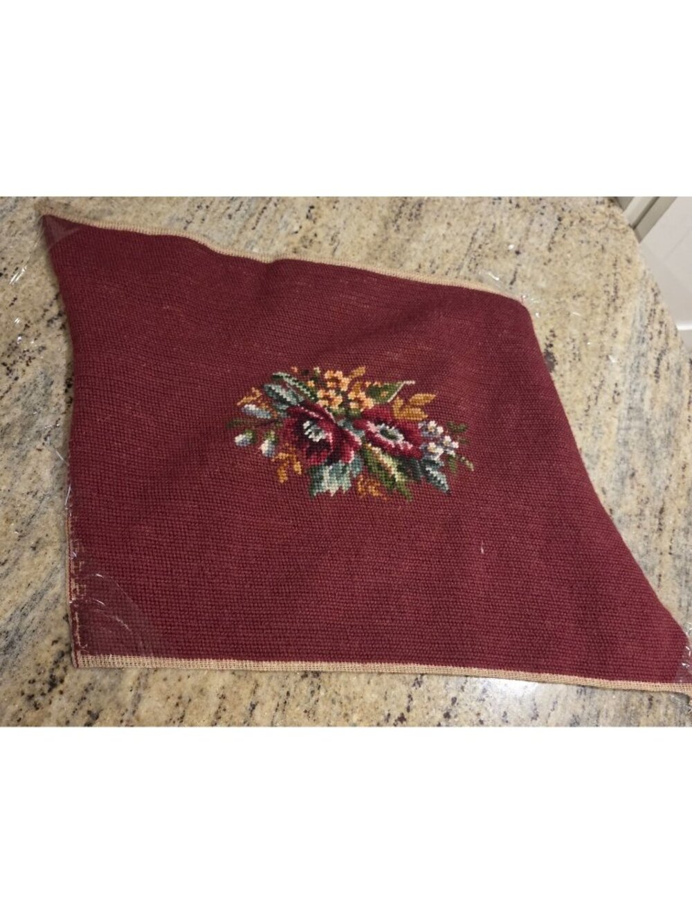 Vintage Needlepoint Red Seat Chair Cover Wall Art Floral Flowers Approx. 17x12"